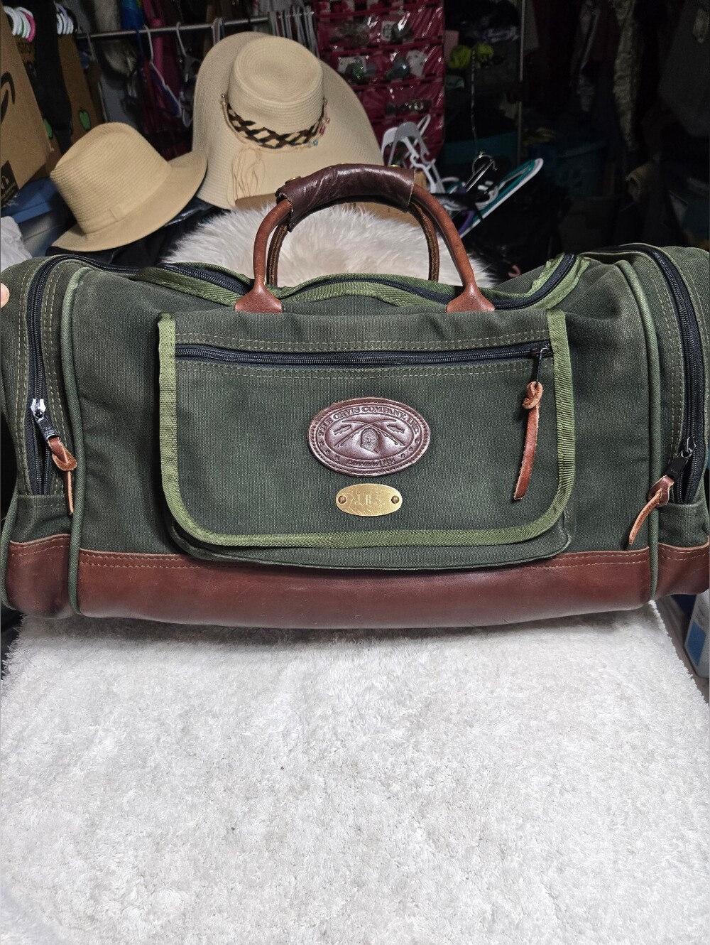 Vintage Orvis Battenkill Green Canvas/Brown Leather Duffle Bag Weekend Luggage